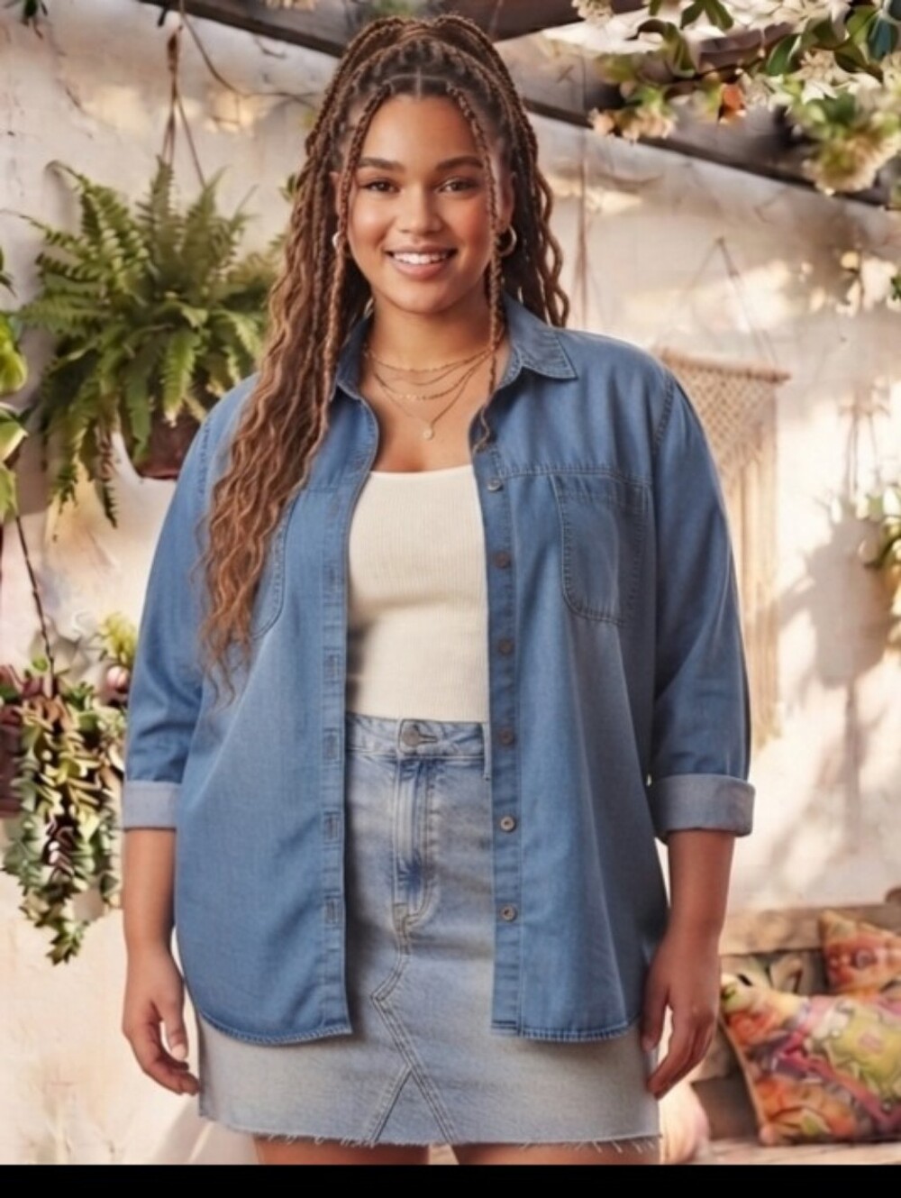 Chic Soul Plus Size 2X Light-Wash Denim Button-Down Shirt